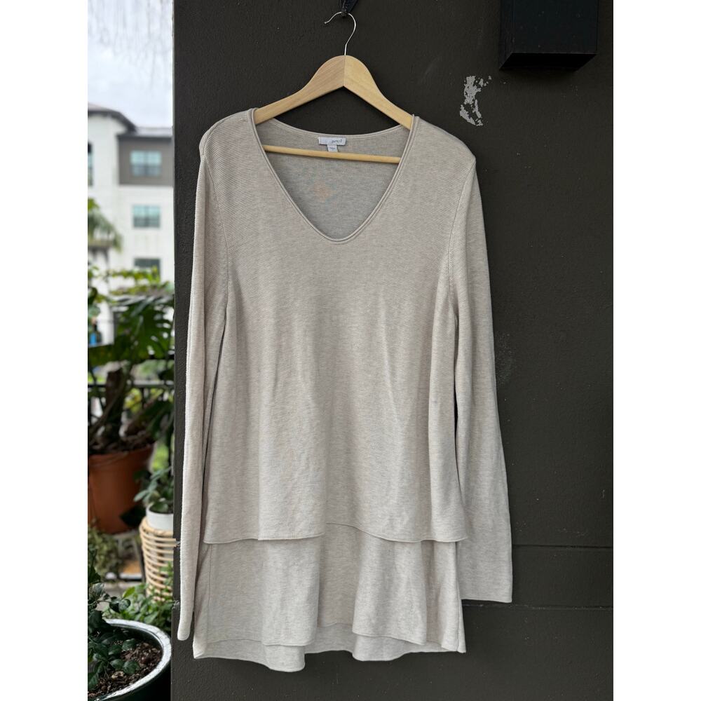 Pure Jill J Jill Top Large Beige Gray Layer Oversize V-Neck Sweater Tunic Blouse